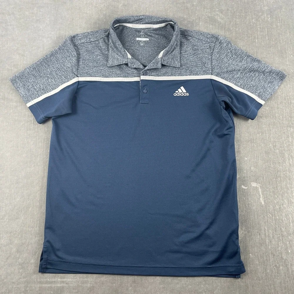 Adidas Mens M Navy Blue Polo Shirt Colorblock Heathered Short Sleeve Golf